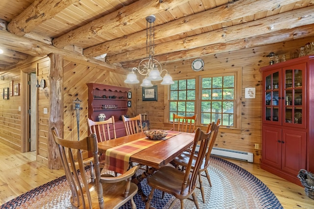 dining area with an inviting chandelier, wooden walls, beamed ceiling, a baseboard heating unit, and light wood-style flooring