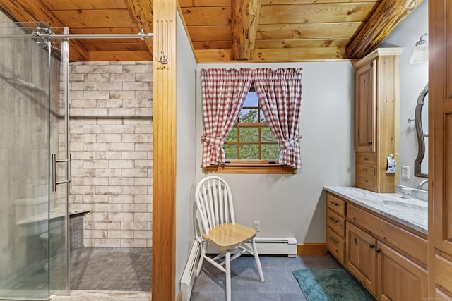 bathroom with wood ceiling, vanity, beam ceiling, and a stall shower