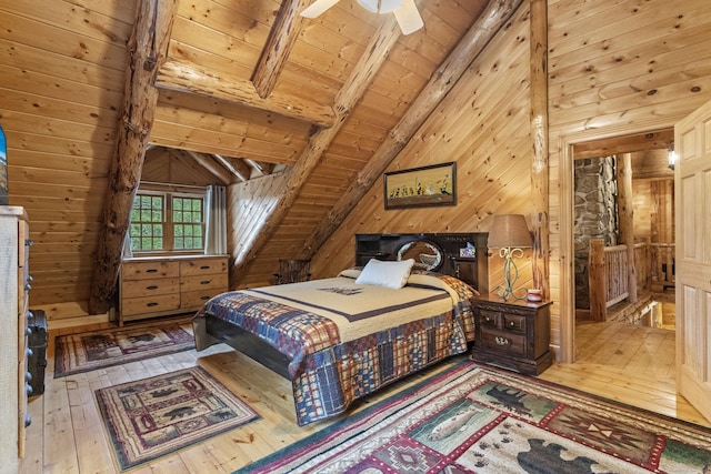 bedroom featuring hardwood / wood-style flooring, wooden ceiling, vaulted ceiling with beams, and wooden walls