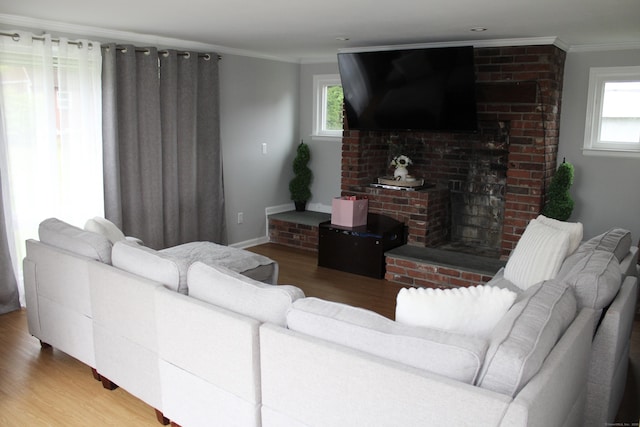 living area with ornamental molding, baseboards, and wood finished floors