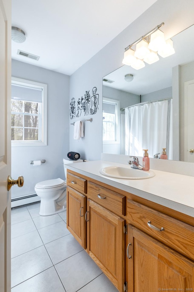 114 Cobbler Ln, Southbury, CT 06488 - bathroom with toilet, tile patterned floors, visible vents, and a baseboard radiator
