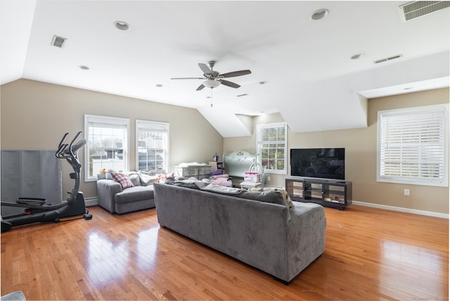114 Cobbler Ln, Southbury, CT 06488 - living area featuring ceiling fan, lofted ceiling, light wood finished floors, and visible vents