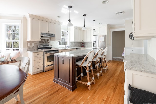 114 Cobbler Ln, Southbury, CT 06488 - kitchen featuring visible vents, light wood-type flooring, under cabinet range hood, and stainless steel appliances