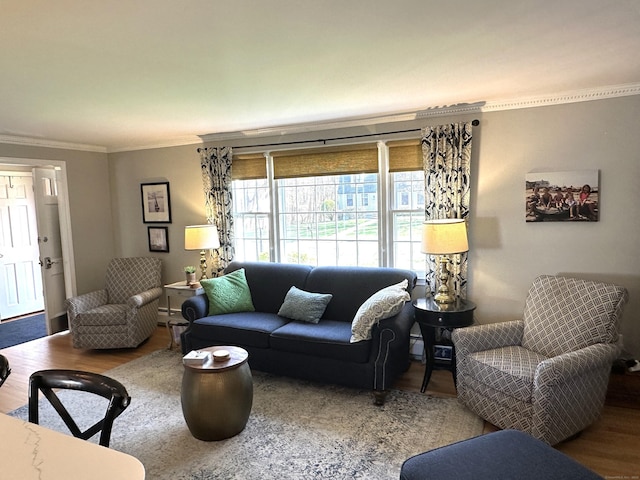 living area with wood finished floors and ornamental molding