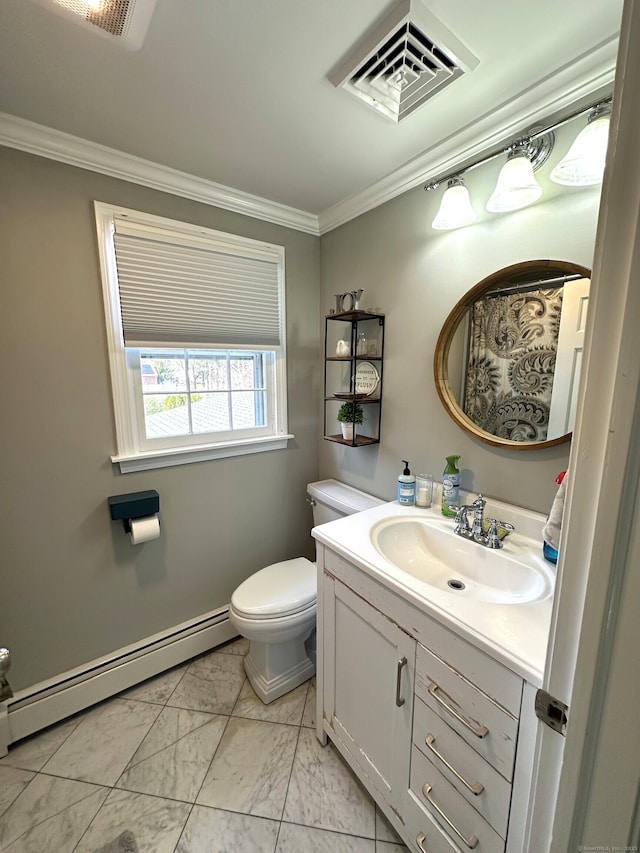 bathroom with vanity, crown molding, marble finish floor, visible vents, and a baseboard radiator