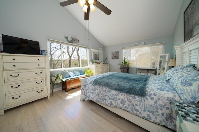 22 Harbour Vlg Unit A, Branford, CT 06405 - bedroom with high vaulted ceiling, light wood-type flooring, and ceiling fan