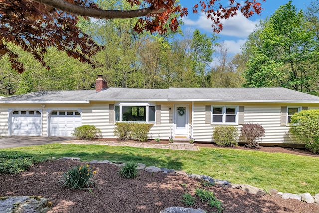 82 Village Dr, Shelton, CT 06484 - ranch-style house featuring a garage, a chimney, aphalt driveway, and a front yard