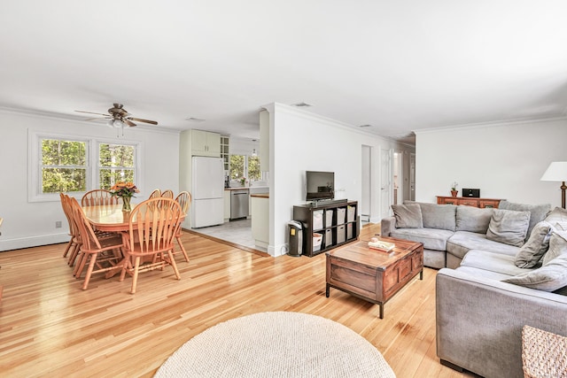 82 Village Dr, Shelton, CT 06484 - living room featuring crown molding, a ceiling fan, light wood finished floors, and visible vents