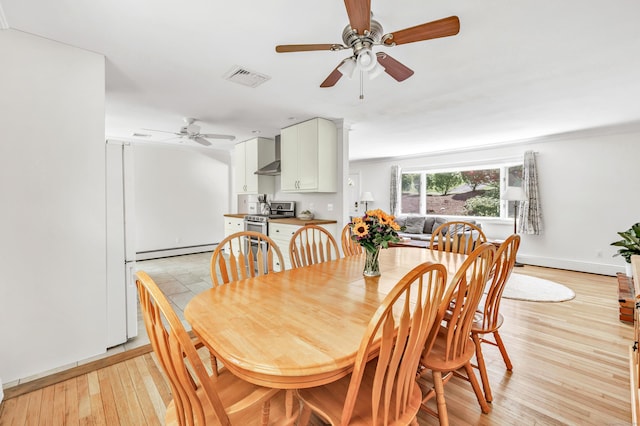 82 Village Dr, Shelton, CT 06484 - dining room with visible vents, light wood-style floors, baseboards, baseboard heating, and a ceiling fan