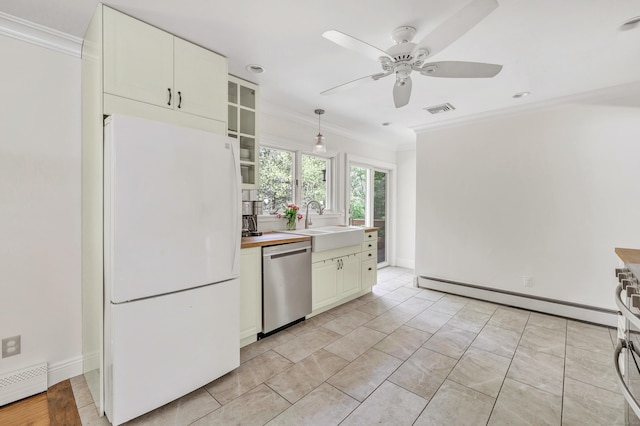 82 Village Dr, Shelton, CT 06484 - kitchen featuring crown molding, stainless steel dishwasher, baseboard heating, and freestanding refrigerator