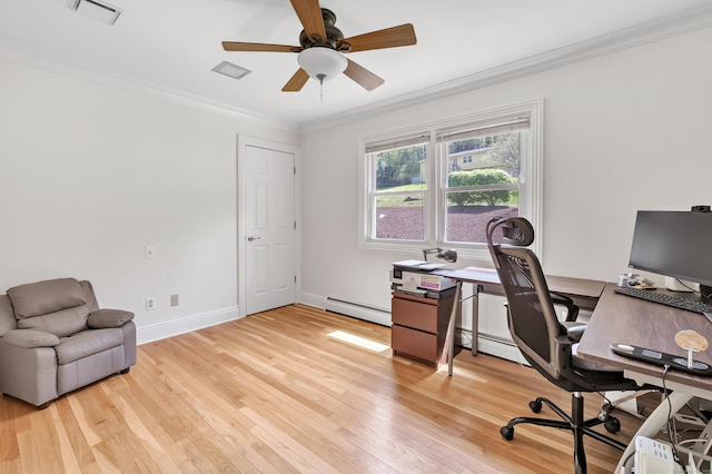 82 Village Dr, Shelton, CT 06484 - office featuring crown molding, visible vents, light wood-style floors, ceiling fan, and baseboard heating