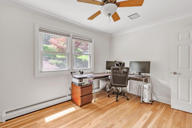 82 Village Dr, Shelton, CT 06484 - office with crown molding, baseboard heating, a ceiling fan, and light wood-style flooring