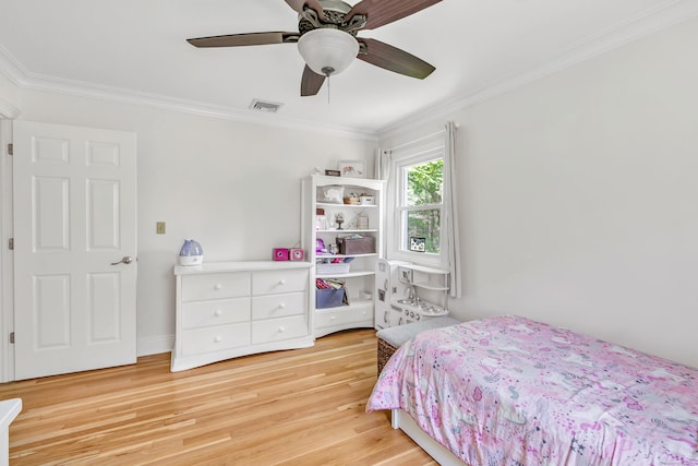 82 Village Dr, Shelton, CT 06484 - bedroom with ceiling fan, visible vents, ornamental molding, and light wood finished floors