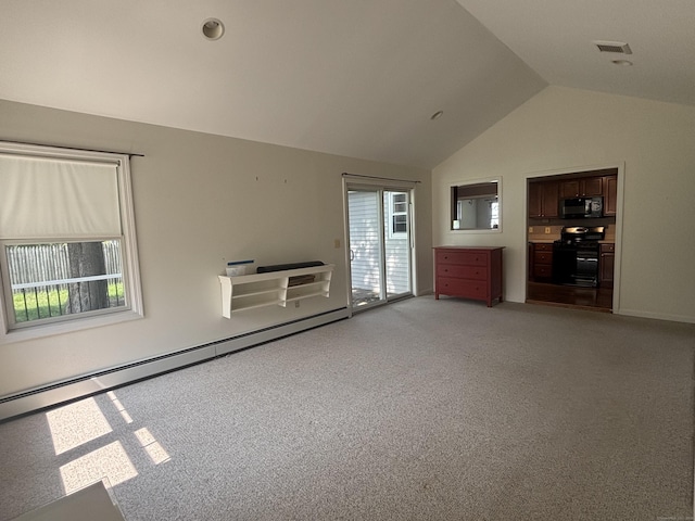 14 N Washington Ave, East Lyme, CT 06357 - unfurnished living room featuring lofted ceiling, light colored carpet, and a baseboard heating unit
