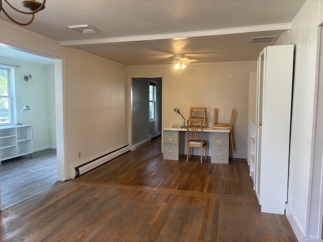 14 N Washington Ave, East Lyme, CT 06357 - unfurnished office with baseboard heating, dark wood-style flooring, a ceiling fan, and ornamental molding