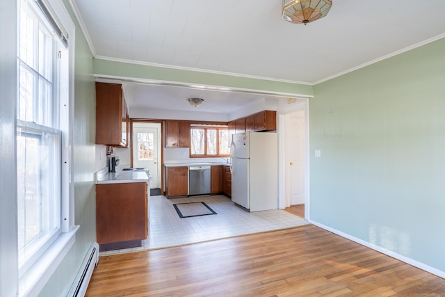48 Jerusalem Hl, Trumbull, CT 06611 - kitchen with dishwasher, brown cabinetry, freestanding refrigerator, a baseboard radiator, and ornamental molding