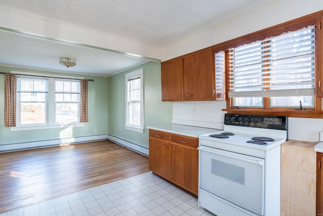 48 Jerusalem Hl, Trumbull, CT 06611 - kitchen featuring crown molding, light countertops, white range with electric cooktop, and brown cabinetry