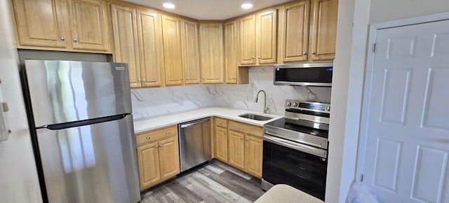 kitchen with decorative backsplash, wood finished floors, light countertops, a sink, and appliances with stainless steel finishes