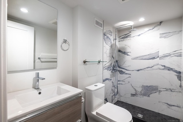 bathroom featuring visible vents, vanity, toilet, recessed lighting, and a marble finish shower