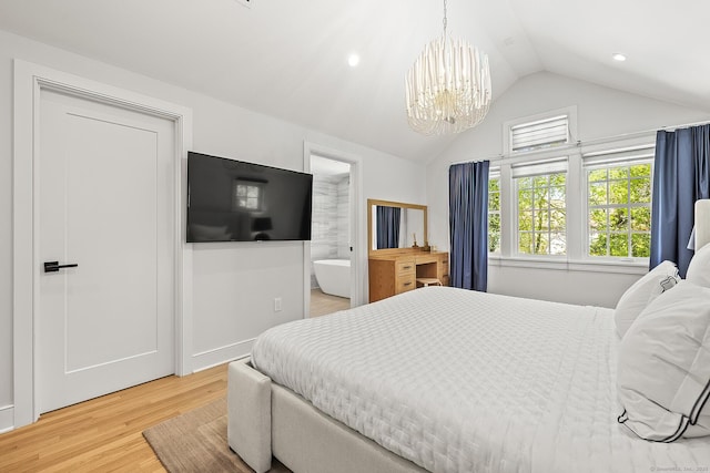 bedroom with an inviting chandelier, recessed lighting, light wood-style flooring, and lofted ceiling