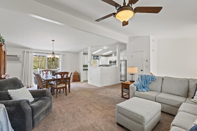 living room featuring lofted ceiling with beams, a wall unit AC, light carpet, and ceiling fan with notable chandelier