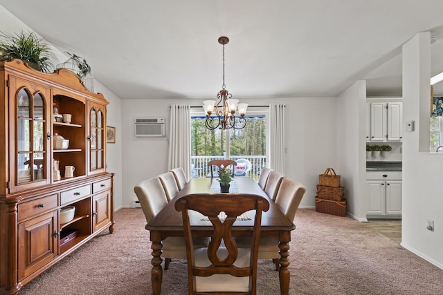 dining area with a baseboard radiator, light carpet, a wall mounted AC, baseboards, and a notable chandelier