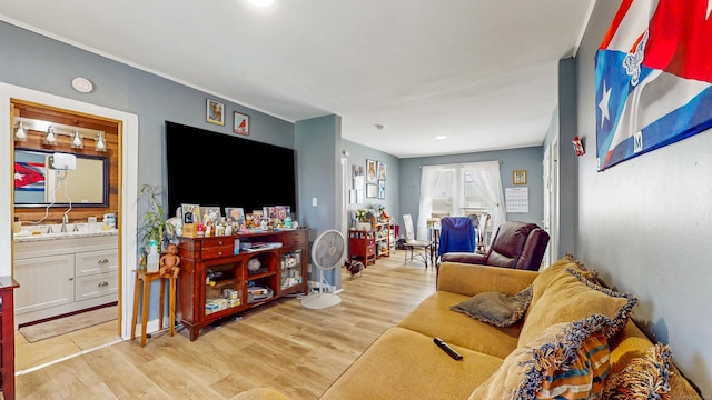 living room with light wood-type flooring and recessed lighting