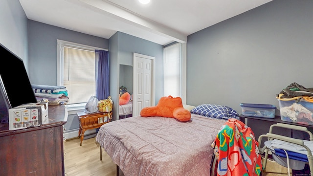 bedroom featuring wood finished floors, baseboard heating, and a closet