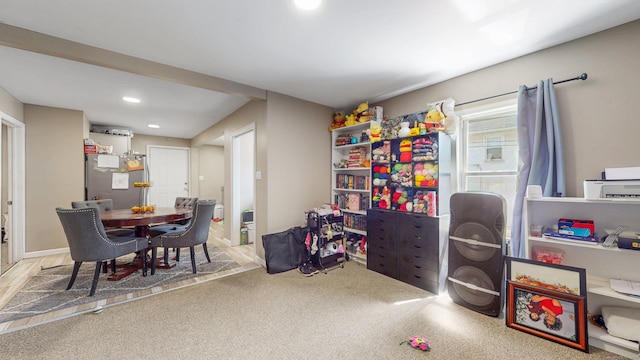 playroom with recessed lighting and carpet floors