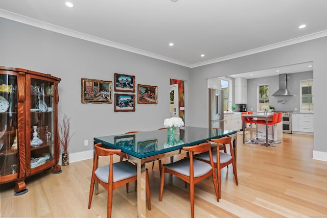 60 Eleanor Ter, Fairfield, CT 06824 - dining room featuring light wood-type flooring, ornamental molding, recessed lighting, and baseboards
