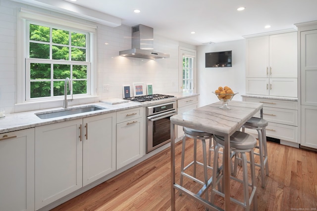 kitchen with tasteful backsplash, a sink, appliances with stainless steel finishes, light wood-style floors, and wall chimney exhaust hood