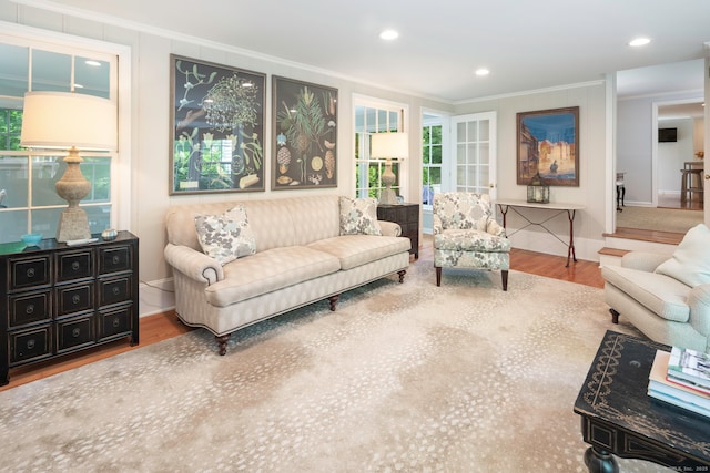 living area featuring baseboards, recessed lighting, ornamental molding, and wood finished floors