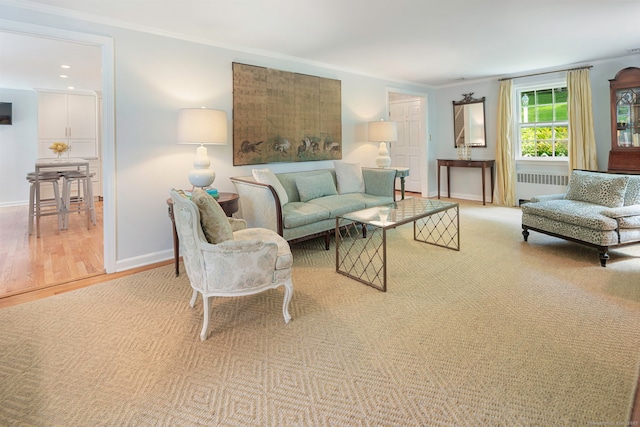 living room with wood finished floors, crown molding, baseboards, and radiator