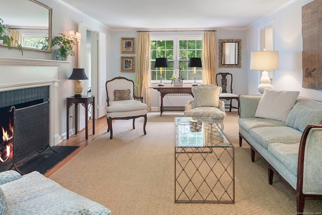living room featuring ornamental molding, a fireplace with flush hearth, and wood finished floors