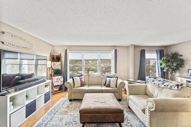 living area featuring a textured ceiling and light wood finished floors