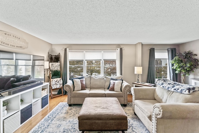 living room featuring a textured ceiling and light wood-type flooring