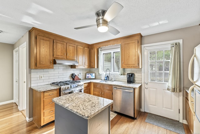 kitchen featuring light wood-style flooring, stainless steel appliances, under cabinet range hood, and a sink