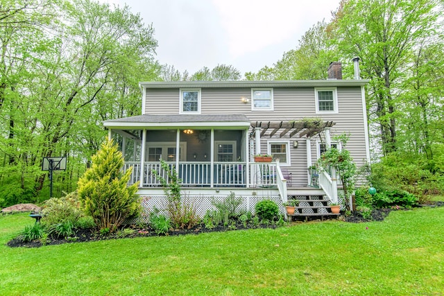 104 Pulpit Rock Rd, Woodstock, CT 06281 - view of front of home featuring a pergola, a chimney, and a front lawn