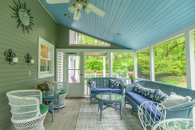 104 Pulpit Rock Rd, Woodstock, CT 06281 - sunroom with outdoor lounge area, lofted ceiling, and ceiling fan