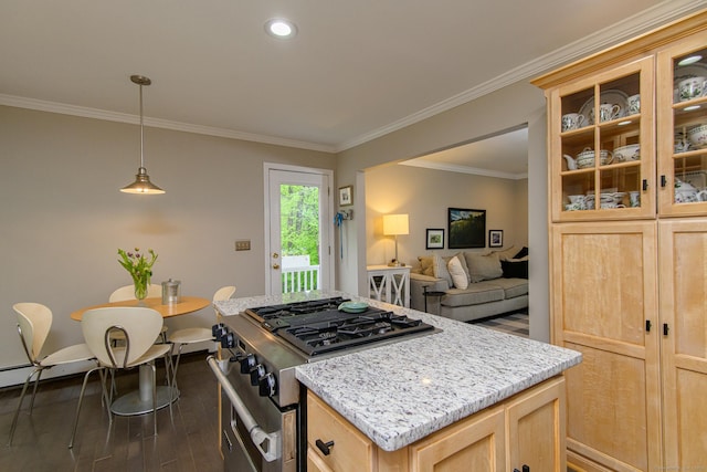 104 Pulpit Rock Rd, Woodstock, CT 06281 - kitchen with gas range, light brown cabinets, wood-type flooring, ornamental molding, and glass insert cabinets