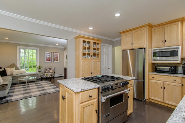 104 Pulpit Rock Rd, Woodstock, CT 06281 - kitchen with stainless steel appliances, light brown cabinetry, dark wood-style flooring, open floor plan, and recessed lighting