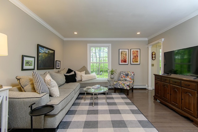 104 Pulpit Rock Rd, Woodstock, CT 06281 - living room featuring dark wood finished floors, ornamental molding, recessed lighting, and a baseboard radiator