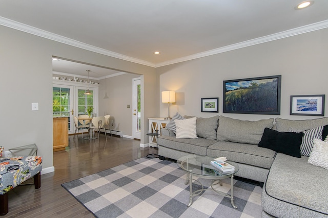 104 Pulpit Rock Rd, Woodstock, CT 06281 - living room with dark wood-style flooring, recessed lighting, crown molding, and french doors
