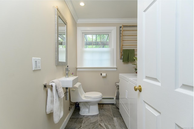 104 Pulpit Rock Rd, Woodstock, CT 06281 - bathroom with washing machine and dryer, ornamental molding, a baseboard heating unit, and recessed lighting