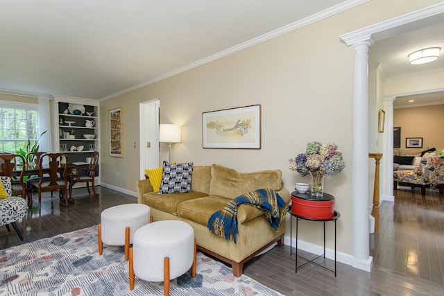 104 Pulpit Rock Rd, Woodstock, CT 06281 - living area with decorative columns, wood-type flooring, ornamental molding, and built in shelves