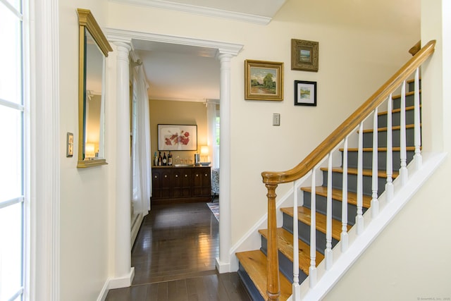 104 Pulpit Rock Rd, Woodstock, CT 06281 - staircase featuring crown molding, wood finished floors, and ornate columns
