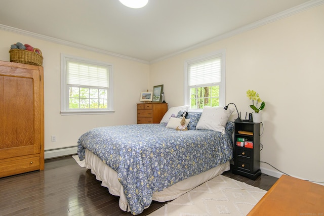 104 Pulpit Rock Rd, Woodstock, CT 06281 - bedroom with a baseboard heating unit, crown molding, and dark wood-type flooring