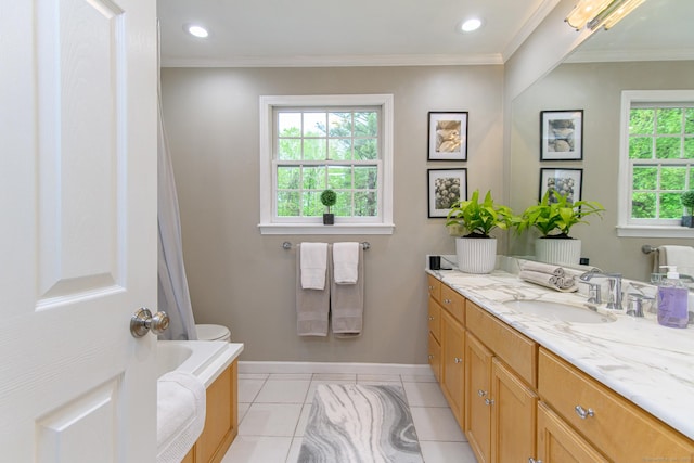 104 Pulpit Rock Rd, Woodstock, CT 06281 - full bath featuring vanity, a tub to relax in, tile patterned floors, ornamental molding, and recessed lighting