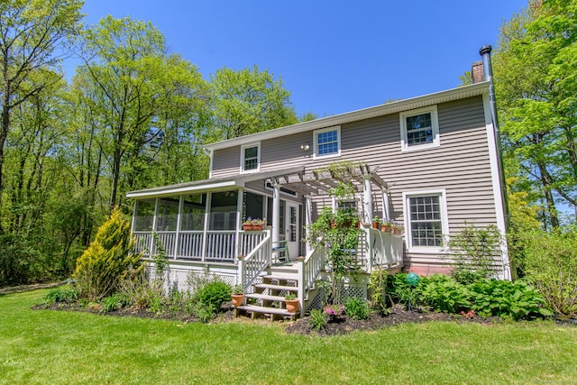 104 Pulpit Rock Rd, Woodstock, CT 06281 - back of property featuring a pergola, a chimney, a sunroom, a yard, and cooling unit