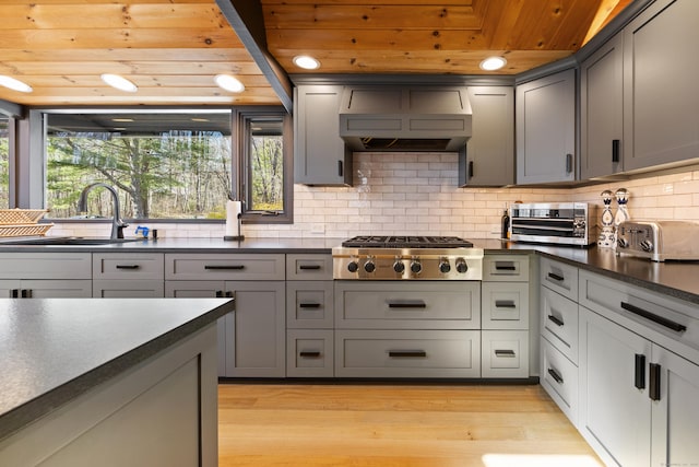 187 Sherbrook Dr, Goshen, CT 06756 - kitchen featuring gray cabinetry, a sink, wooden ceiling, and stainless steel gas stovetop